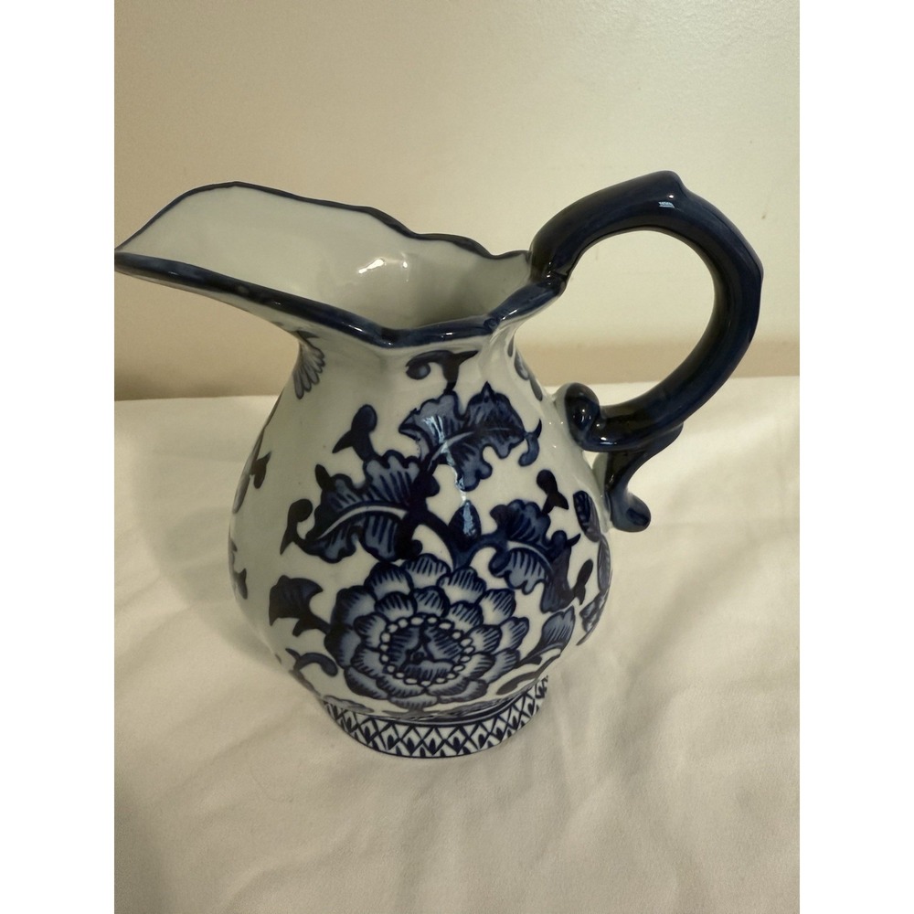 The Bombay Company Creamer Pitcher Cobalt Blue 6" Floral Vtg Ceramic Porcelain